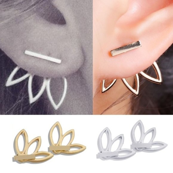 Gold Lotus Flower Jacket Stud Pierced Earrings
